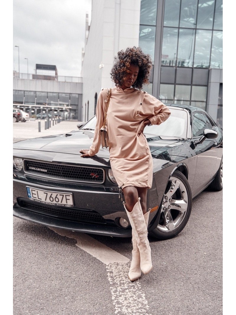 Loose sweatshirt dress with a hood, beige FI660 - Online store - Boutique